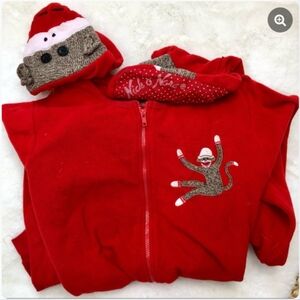 Nick and Nora Sock Monkey Footed Pajamas Adult XL Red Sleepwear One Piece Fleece